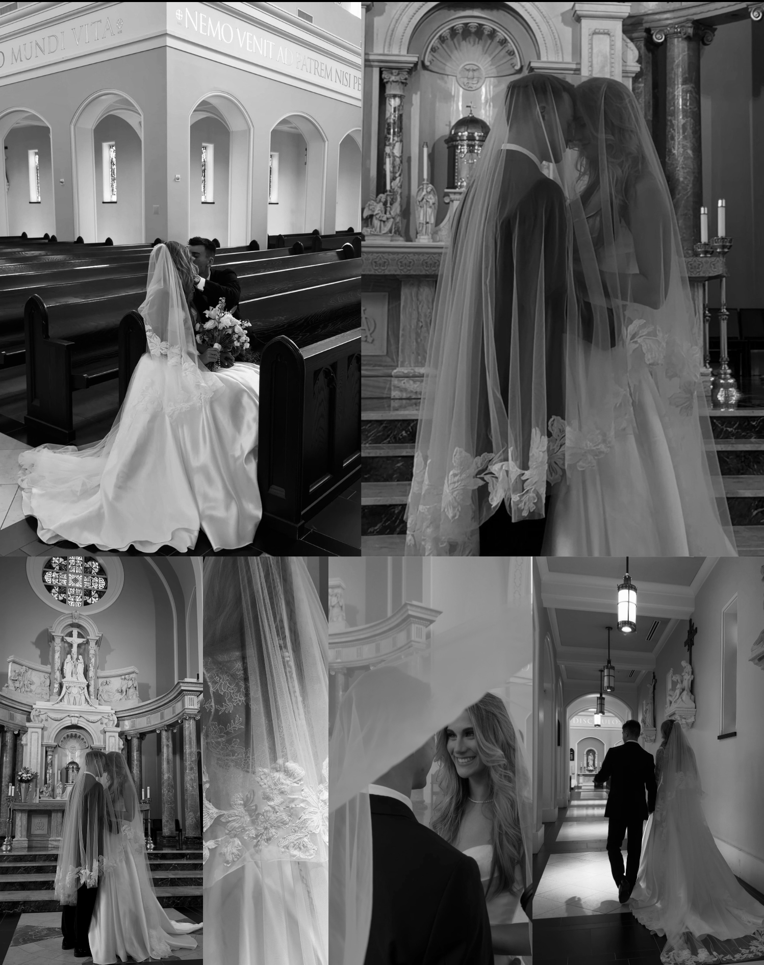Black and white gallery samples inside the church with veil details
