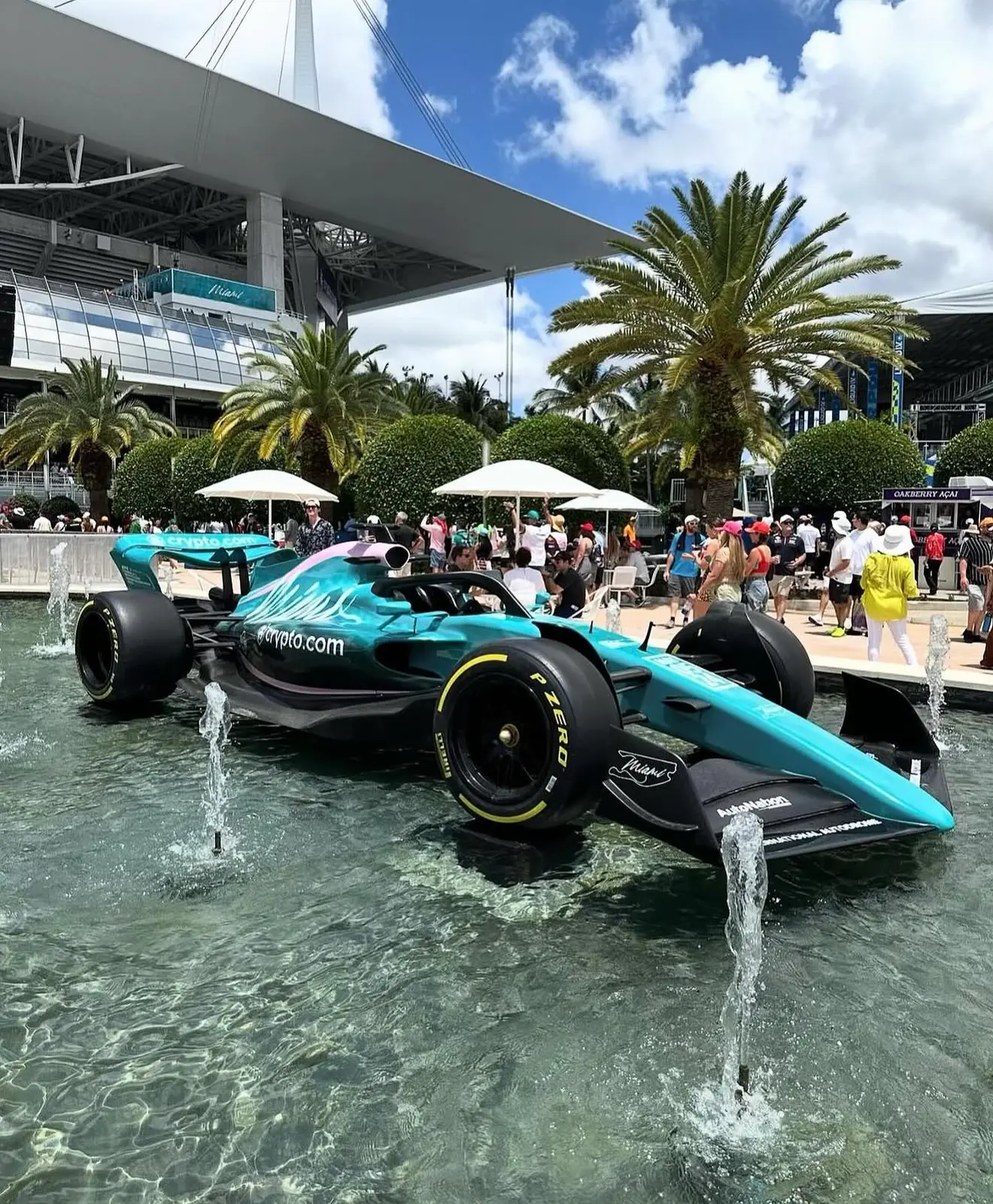 Formula 1 show car in the fountain outside Hard Rock Stadium in Miami