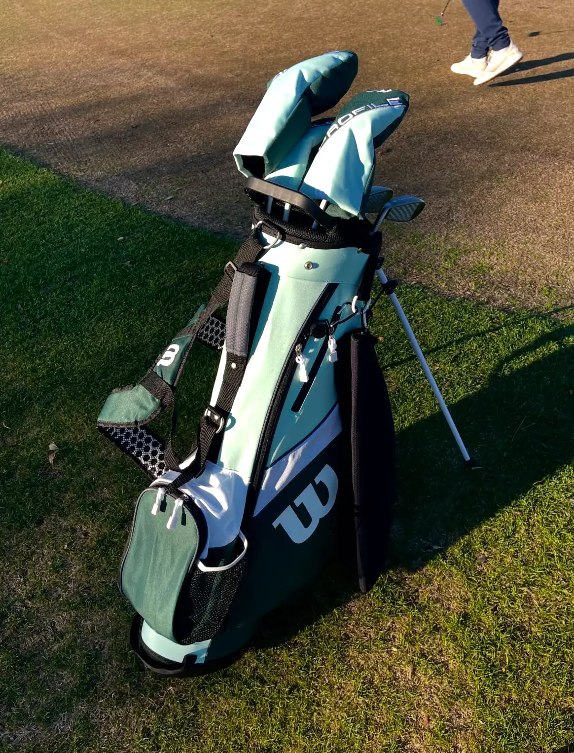 Golf bag standing on the fairway in late afternoon light