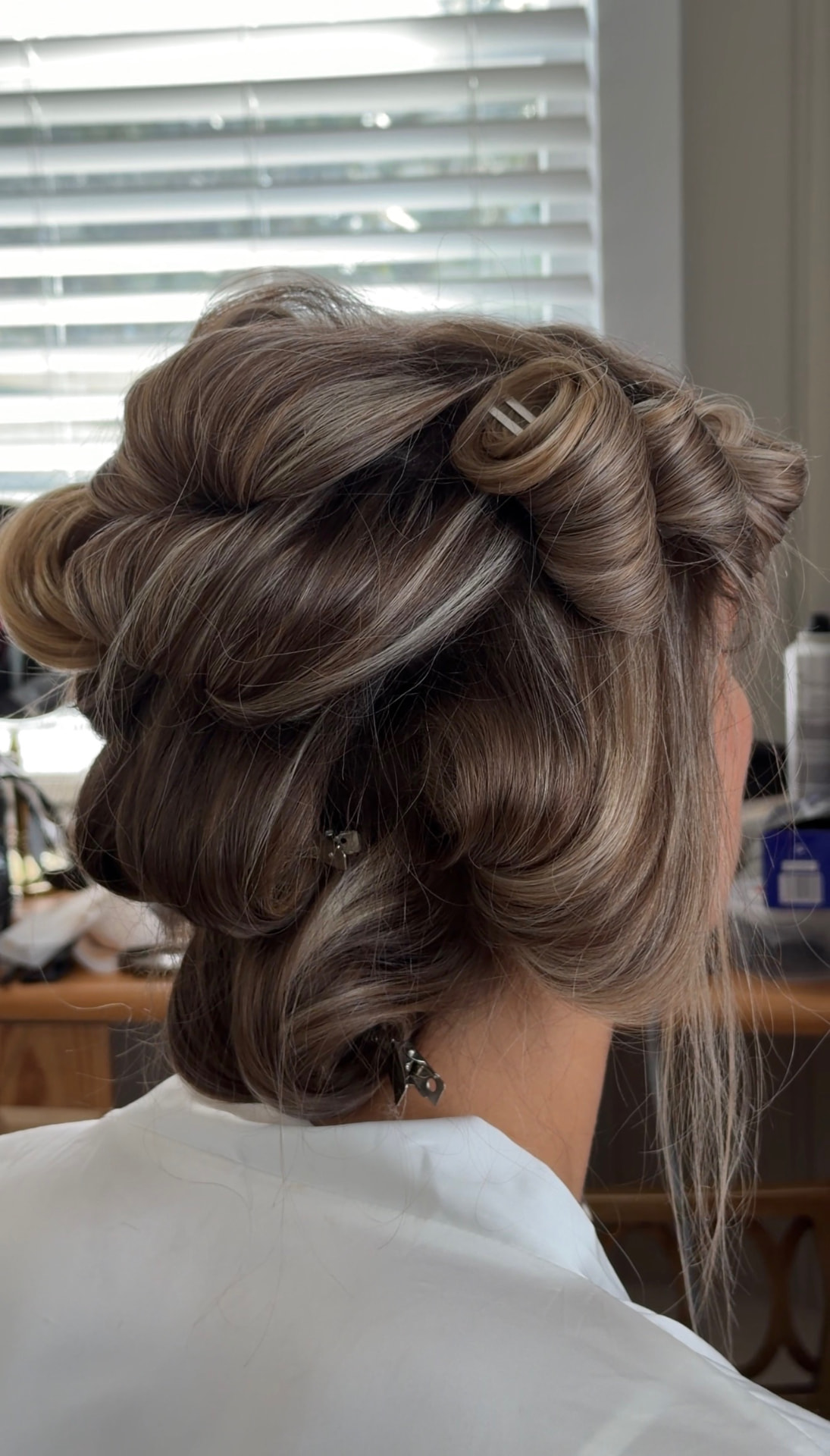 Close detail of pinned bridal hairstyle