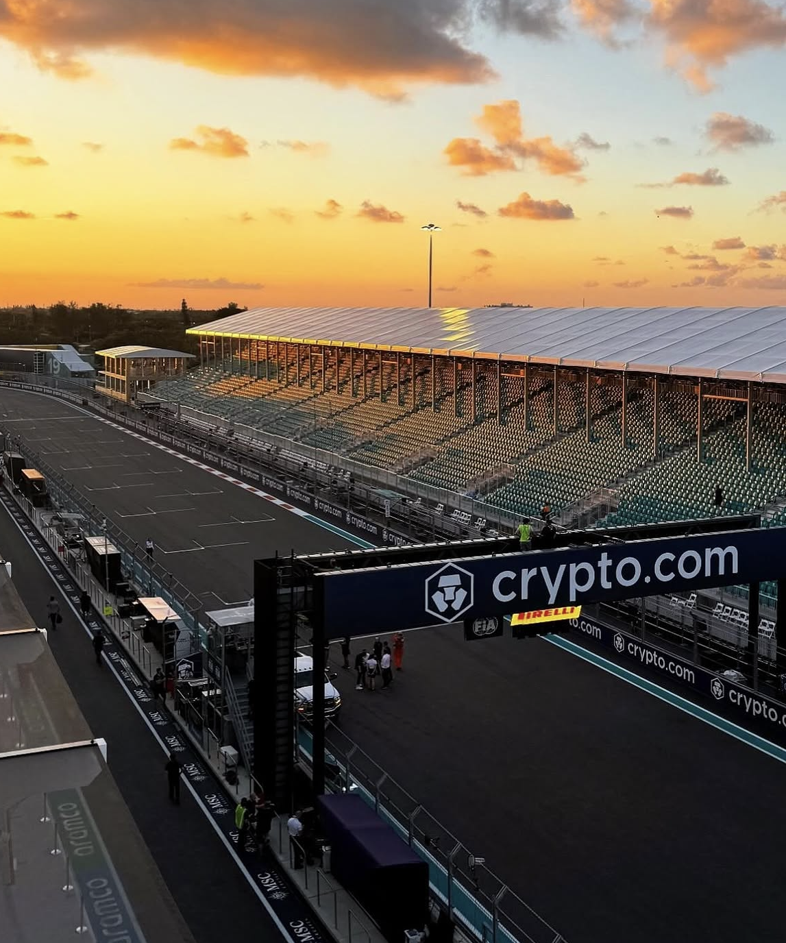 Sunset over the Miami Grand Prix start-finish straight