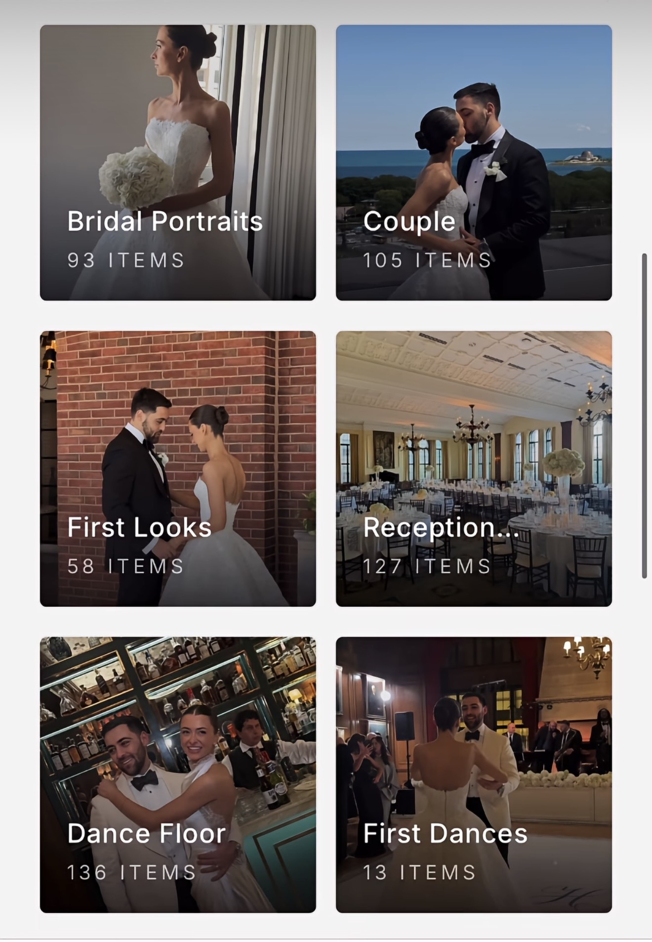 Gallery folders for bridal portraits, couple, first looks and reception