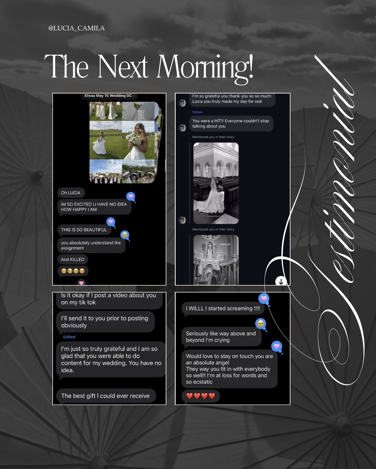 Screenshots of messages from a bride the morning after her wedding