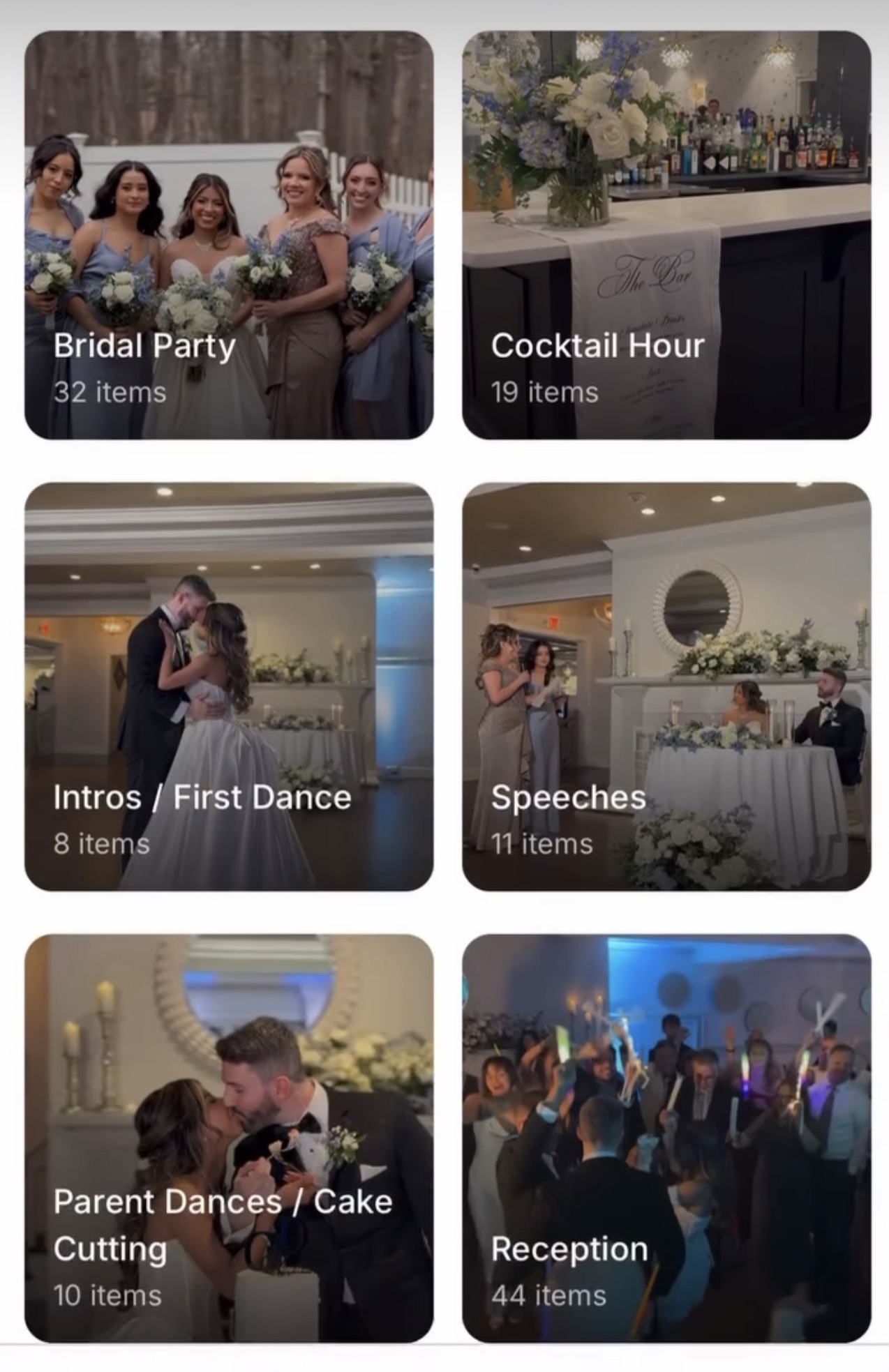 Gallery folders for bridal party, cocktail hour, speeches and reception