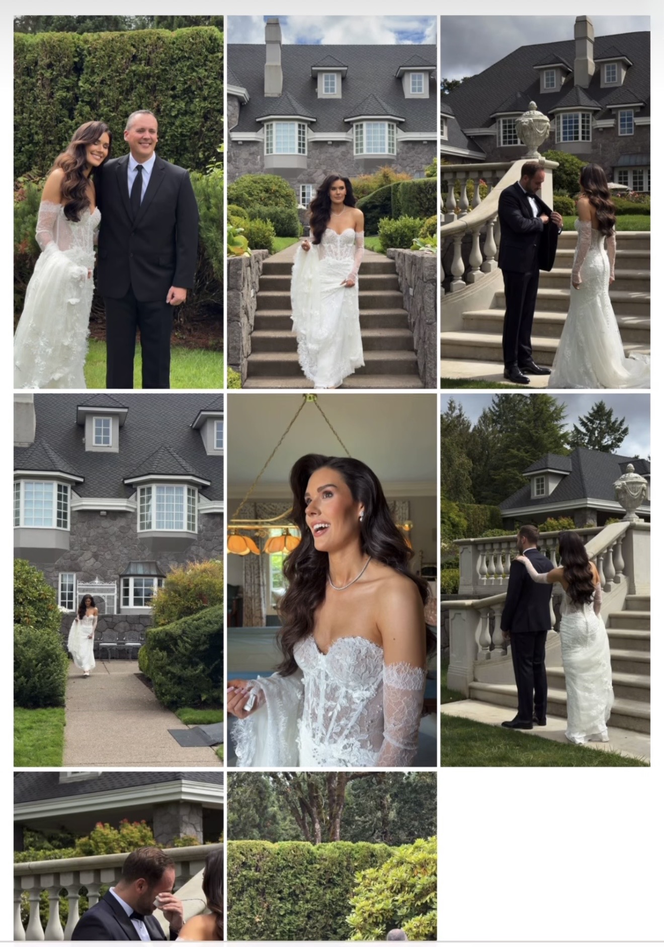 Grid of first look moments with family in the gallery