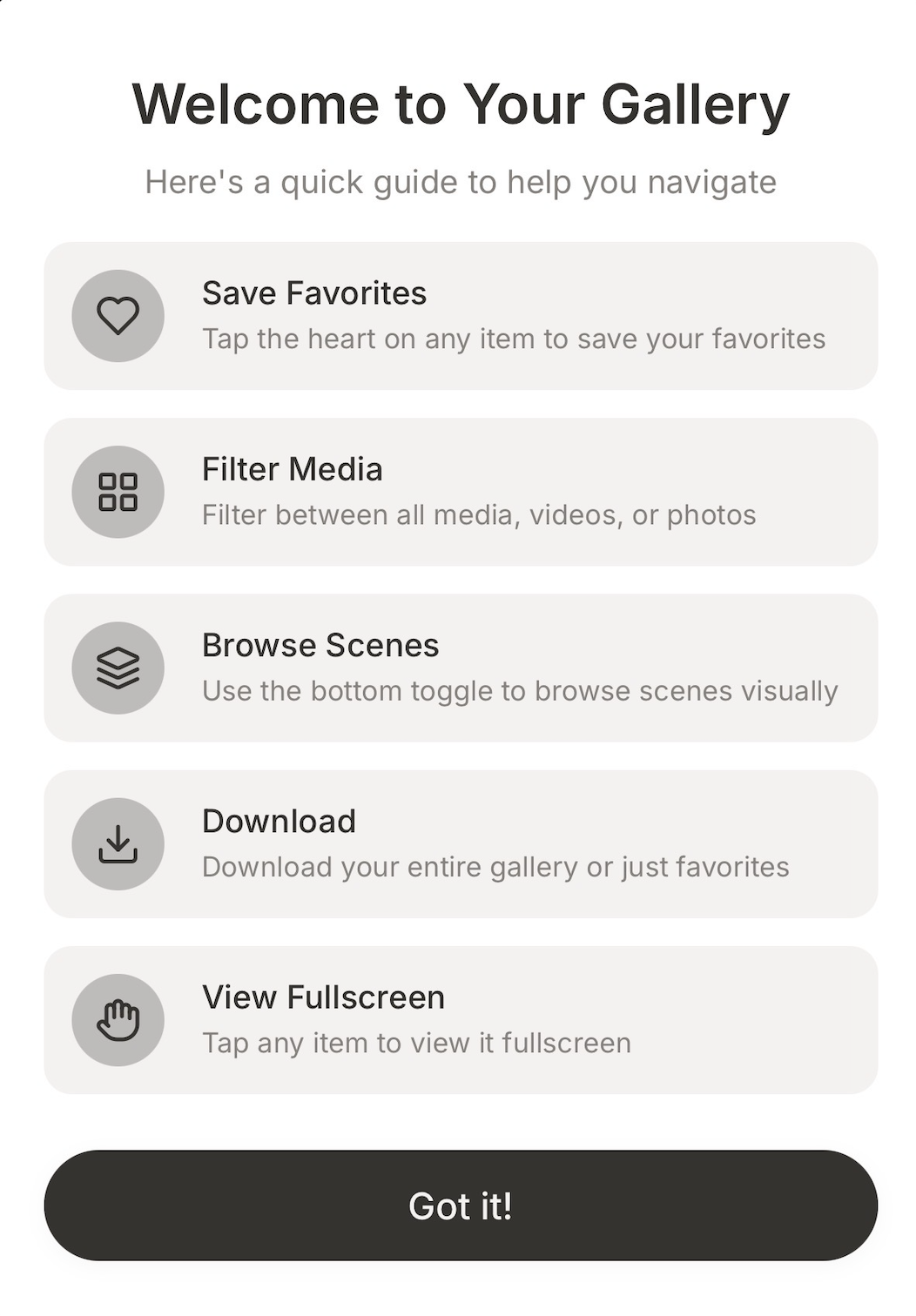 Welcome guide explaining favorites, filters, downloads and fullscreen viewing