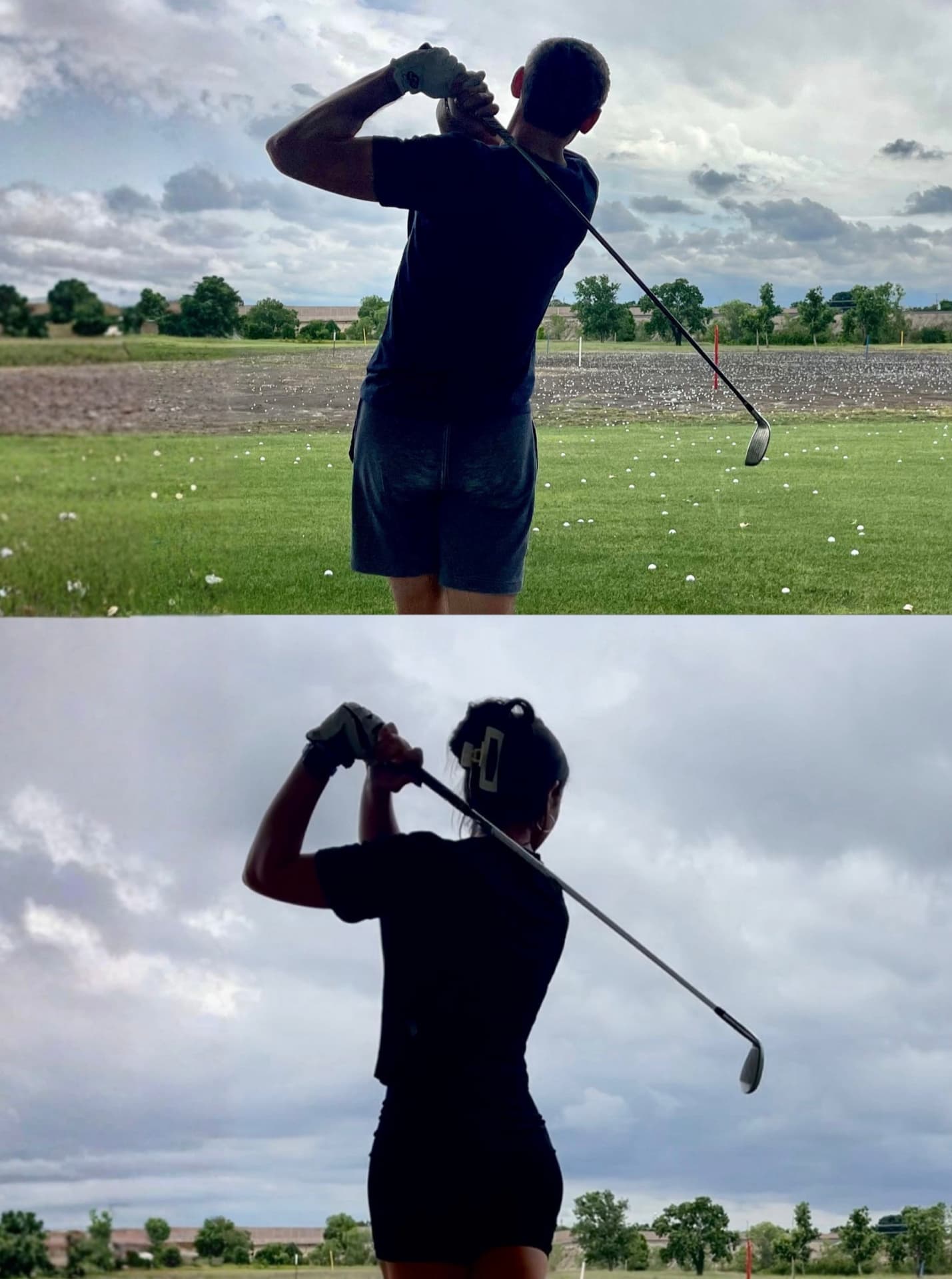 Two golfers at the top of their swing on the driving range