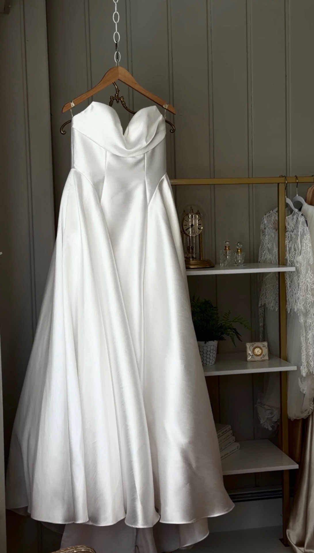 Wedding gown hanging on a hanger