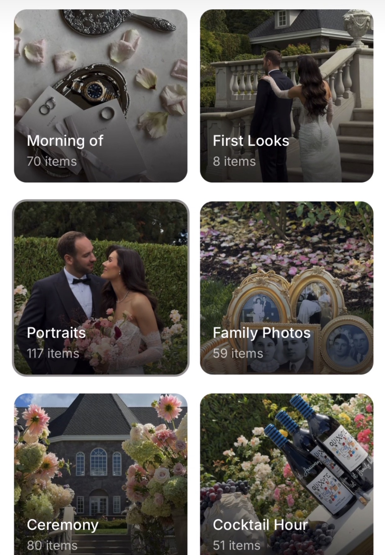 Gallery folders for morning of, first looks, portraits, family photos, ceremony and cocktail hour