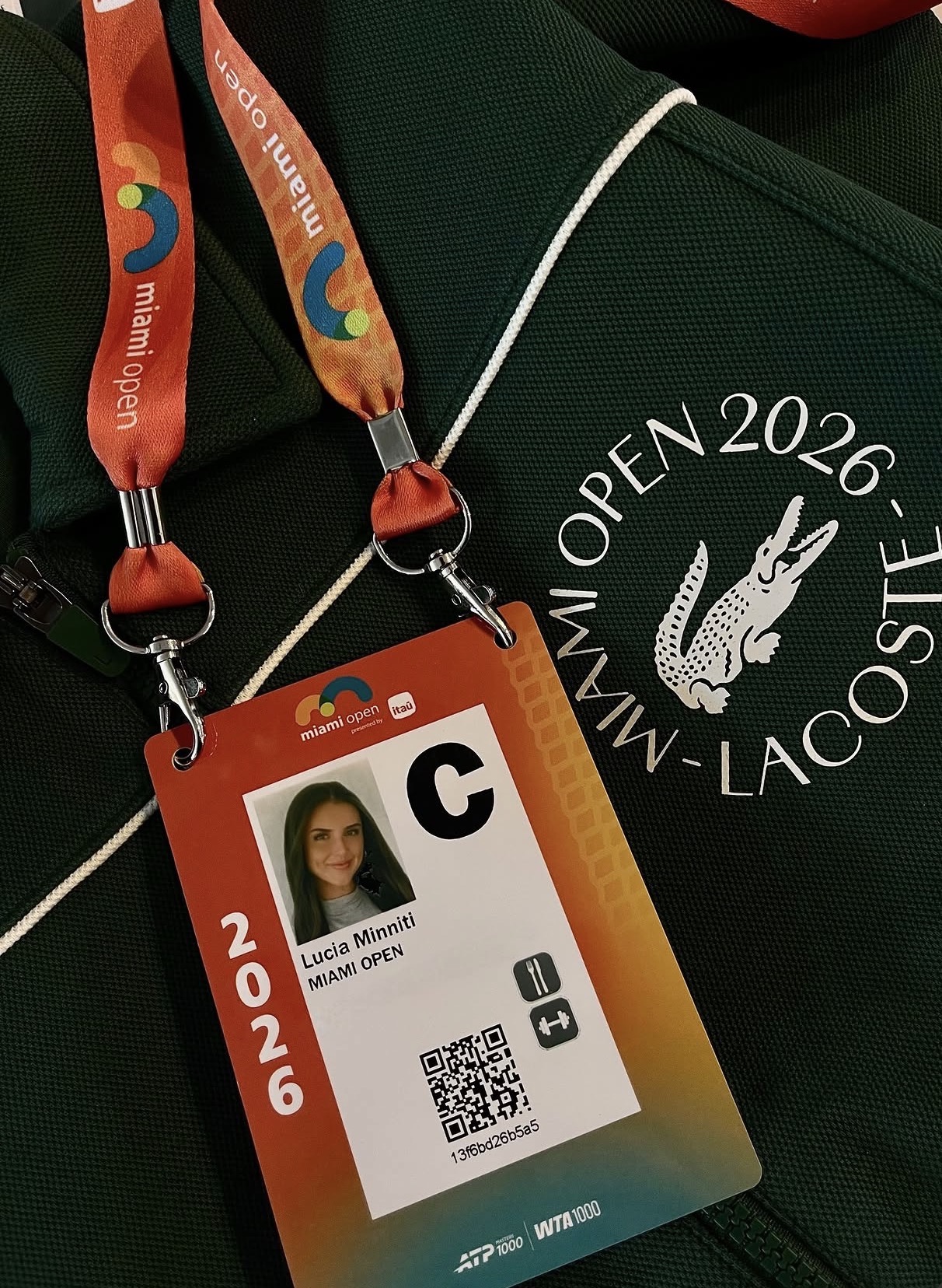 Miami Open 2026 credential with Lucia's name on a Lacoste tote